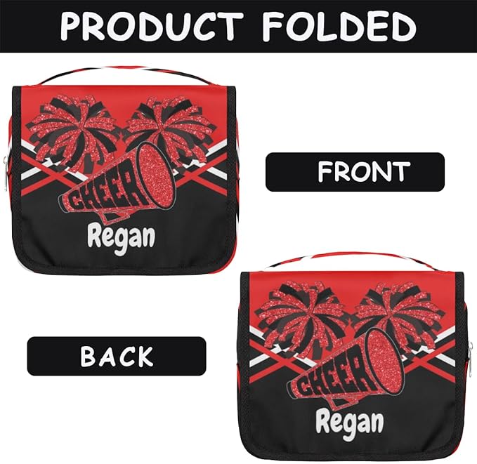 Personalized Name Hanging Toiletry Bag, Cheerleading Large Travel Cosmetic Bag Portable Makeup Organizer Bag for Women Men Bathroom Shower Essentials, Red Black Design