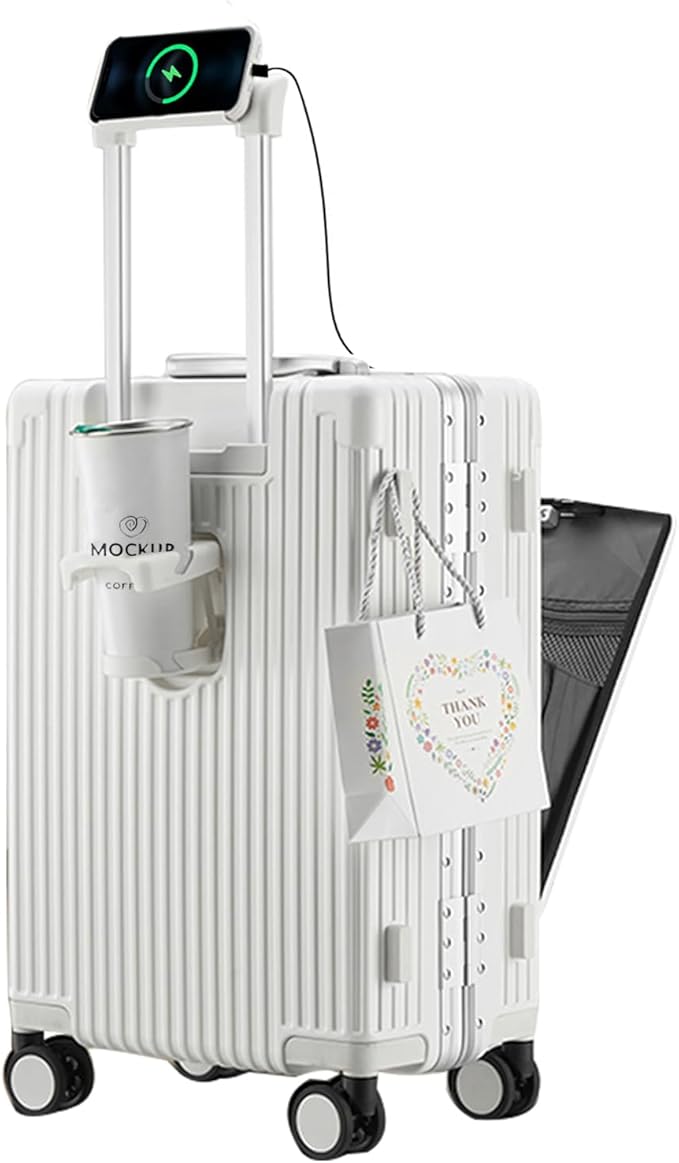 feilario 20in Aluminium Frame Zipperless PC Hard Shell Spinner Wheels Luggage, Built-In TSA lock Carry on Suitcase, with Cup Holder, USB Port, Phone Holder