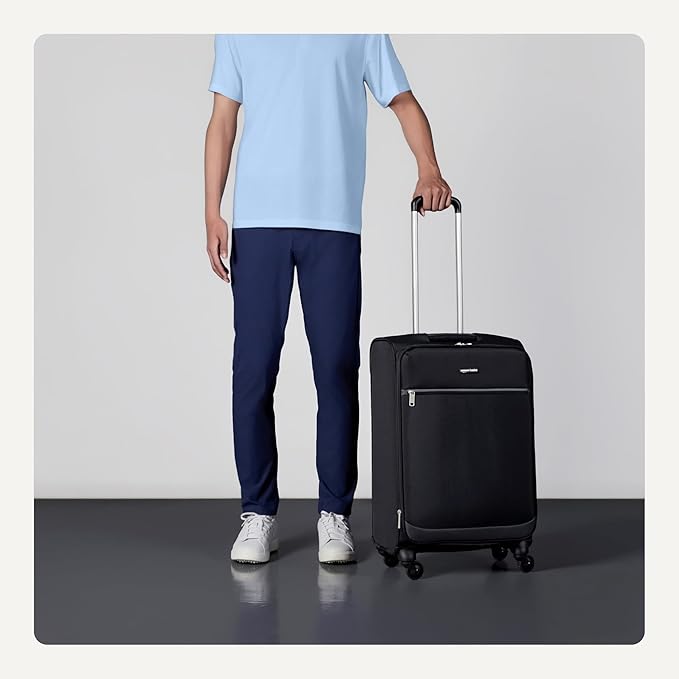 Amazon Basics Luggage, 23" Medium Checked Softside Suitcase With Wheels, With Four 360-Degree Multi-directional Spinner Wheels, Expandable Space, Zippered Pocket and Straps, Telescopic Handle, Black