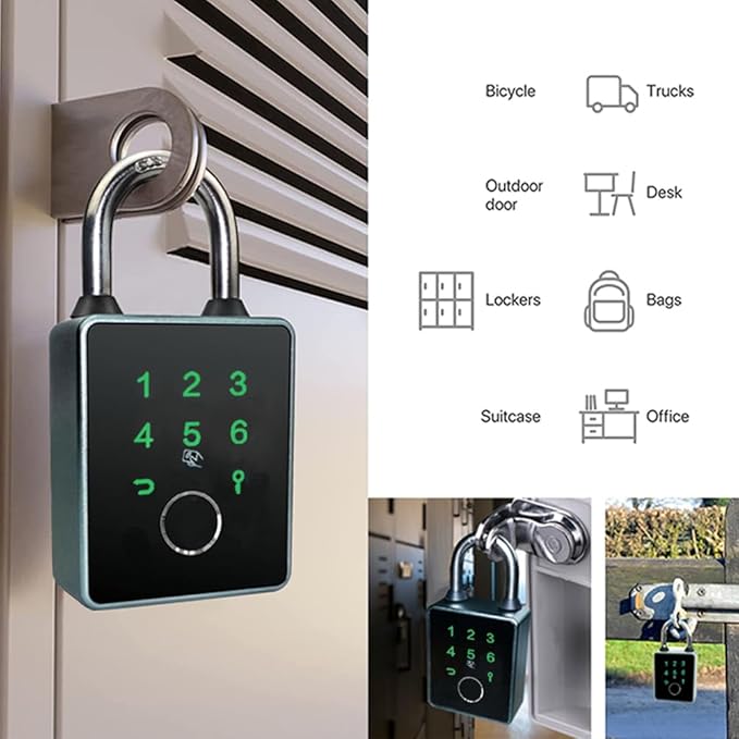 Smart Padlock with Key,Fingerprint Padlock Bluetooth Pad Lock with Code Tuya App 7.5mm Schackle Suitable for Gate Gym Warehouse School Fence,Outdoor,Warehouse, Sports, Bike