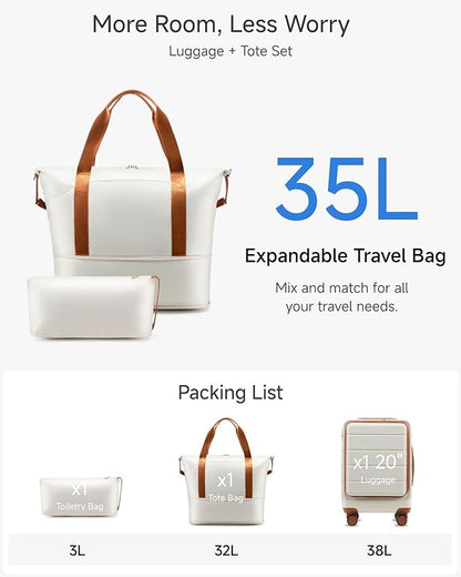 Carry On Luggage with Laptop Compartment, H1F 22x14x9 Airline Approved Front Pocket Hardside Suitcase with Spinner Wheels, TSA Lock, Includes Tote Bag（FX-Lite,Beige,3 Piece Sets）