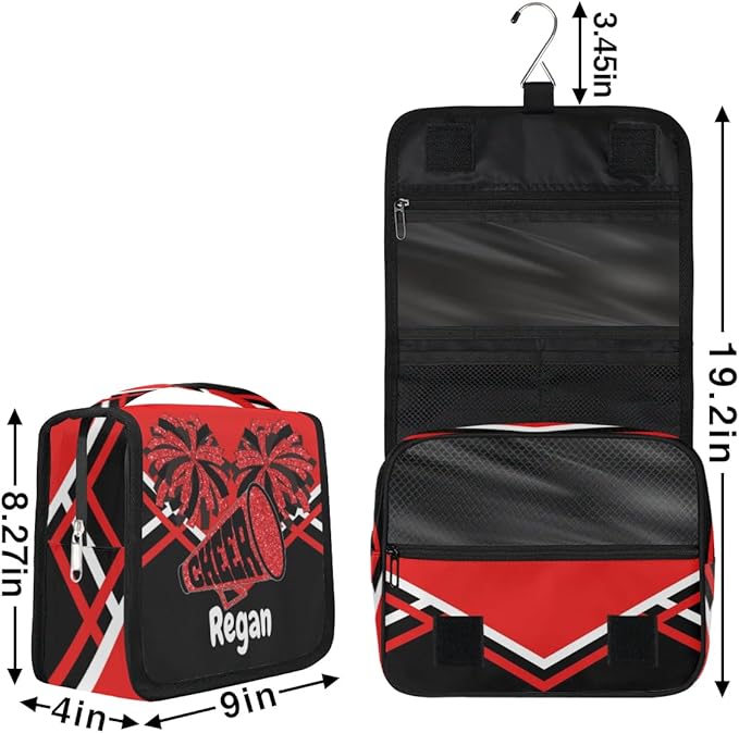 Personalized Name Hanging Toiletry Bag, Cheerleading Large Travel Cosmetic Bag Portable Makeup Organizer Bag for Women Men Bathroom Shower Essentials, Red Black Design