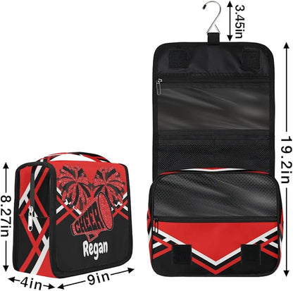 Personalized Name Hanging Toiletry Bag, Cheerleading Large Travel Cosmetic Bag Portable Makeup Organizer Bag for Women Men Bathroom Shower Essentials, Red Black Design