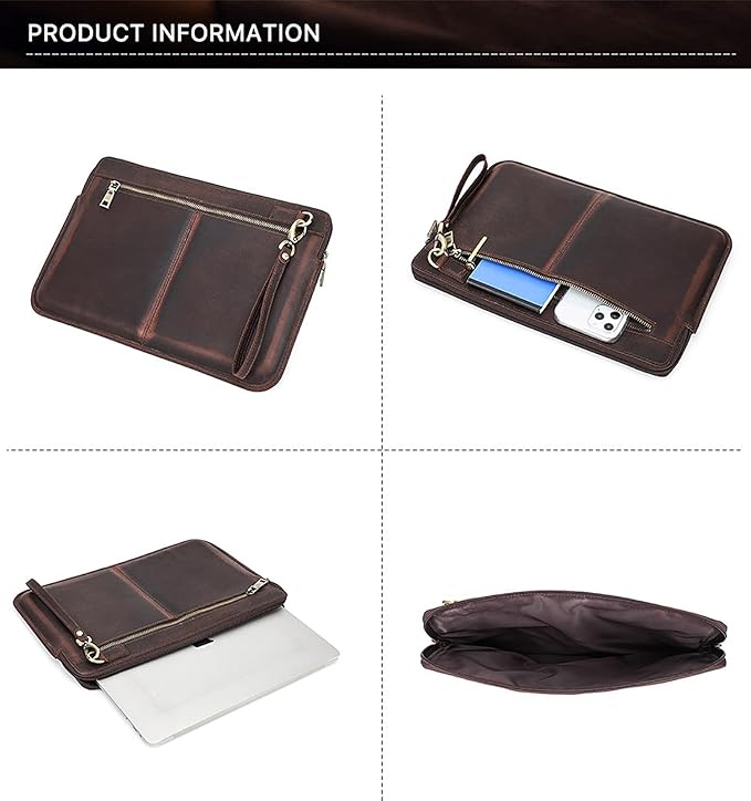 Top Grain Leather 13.3" Slim Laptop Sleeve Case Bag, Vintage Design with 2 Zip Pocket, Handmade, Compatible with MacBook Pro 13.3" MacBook Air 2022 DELL XPS 13" & Other PC, Coffee 13.3 Inch