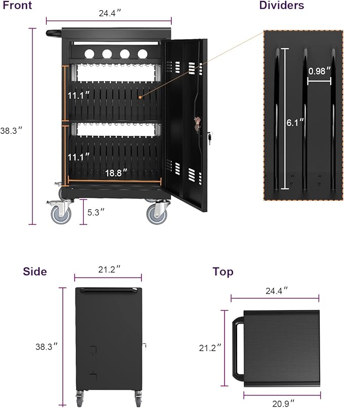Laptop Storage Rack for Multiple Laptops, Storage for A Total of 30 Devices, Mobile Charging Cabinet and Cart for Tablets and Laptops Up to 17'' Screen Size., Black
