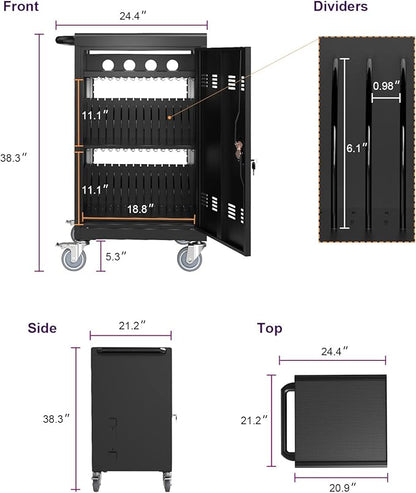 Laptop Storage Rack for Multiple Laptops, Storage for A Total of 30 Devices, Mobile Charging Cabinet and Cart for Tablets and Laptops Up to 17'' Screen Size., Black