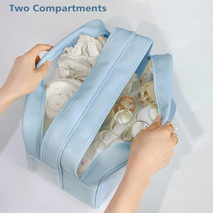 Travel Toiletry Bag for Women, Matte Translucent Toiletry Bag with Handy Handle, Makeup Cosmetic Organizer Bag for Travel Toiletries Accessories (Blue-XL)