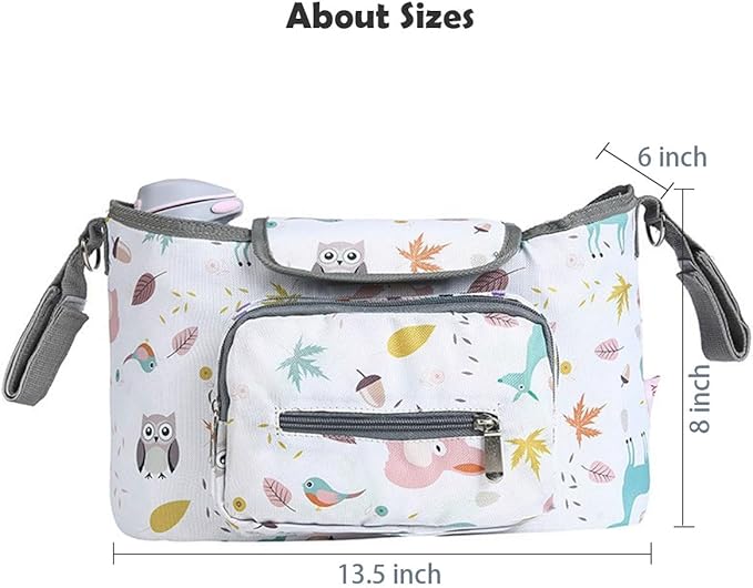 Universal Stroller Organizer with Cup Holder, Animal Patterns Stroller Bag Caddy Organizer, Large Capacity Stroller Caddy with Detachable Shoulder Strap
