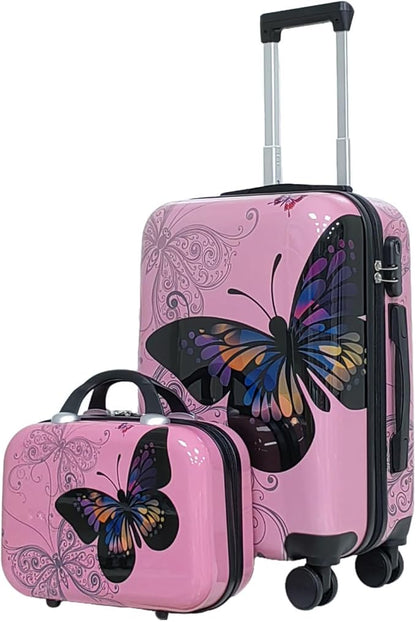 Stylish ABS+PC Material Luggage Set Butterfly Printed 4Pcs Set 14"+20"+24"+28" Suitcased for Family Travel and 2Pcs Set 14"+20" Cabin Size Trolley Bag with Silent 360° Spinner (Pink, 14+20inch)