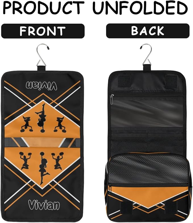 Custom Travel Toiletry Bag with Hanging Hook, Spacious Waterproof Cheerleading Toiletry Bag for Women for Travel Accessories, Toiletries Essentials. Orange Black Cheer