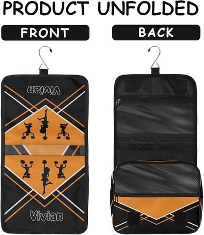 Custom Travel Toiletry Bag with Hanging Hook, Spacious Waterproof Cheerleading Toiletry Bag for Women for Travel Accessories, Toiletries Essentials. Orange Black Cheer