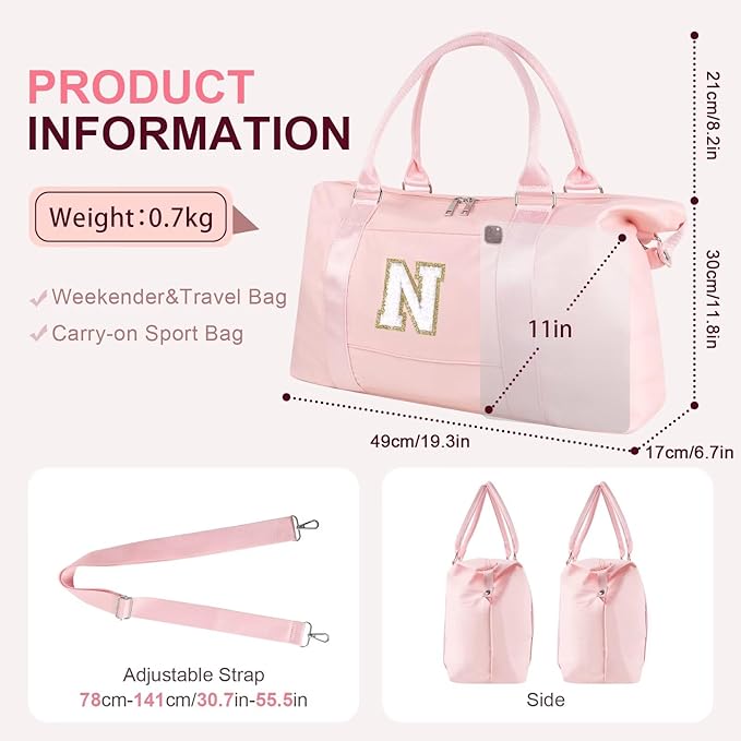 Dance Gym Duffel Bag for Teen Girls, Personalized Initial Travel Weekender Bag,Cute Overnight Carry On Duffle for Women,Sports Travel Cheer Bag,Monogram Christmas Gifts for Tween Preppy(pink-N)