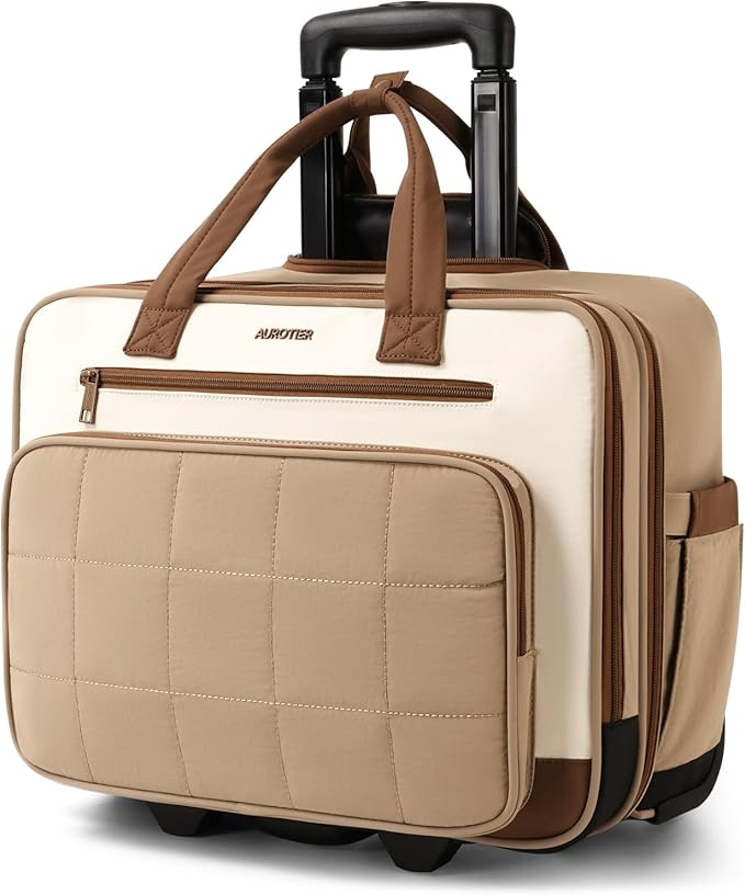 Rolling Puffer Laptop Bag, Rolling Briefcase for Women, Wheeled 16 Inch Computer Bag, Water Resistant Stylish Overnight Underseat Carry On Luggage with Wheels for Work Travel Business, Khaki