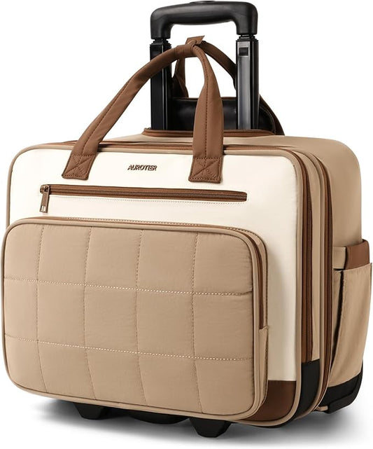 Rolling Puffer Laptop Bag, Rolling Briefcase for Women, Wheeled 16 Inch Computer Bag, Water Resistant Stylish Overnight Underseat Carry On Luggage with Wheels for Work Travel Business, Khaki