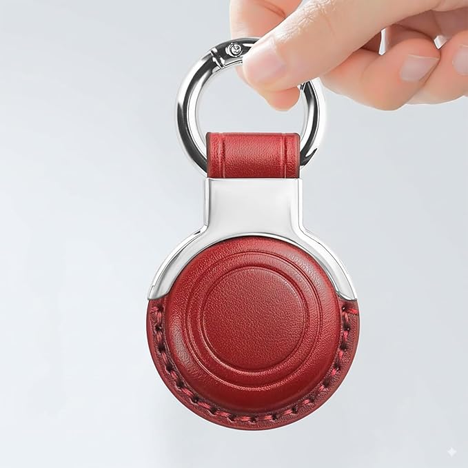 Genuine Leather for AirTag Holder Keychain for AirTag - Premium Handmade Protective Case Cover Accessories with Key Ring, Secure Hidden Design, All-in-One Package, Red