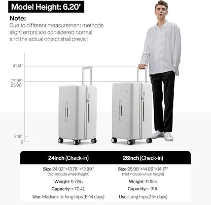 mixi 26'' Max Trunk Luggage Large Checked Luggage PC Hard Shell Rolling Travel Suitcases with Spinner Wheels & TSA Lock, Smoke White