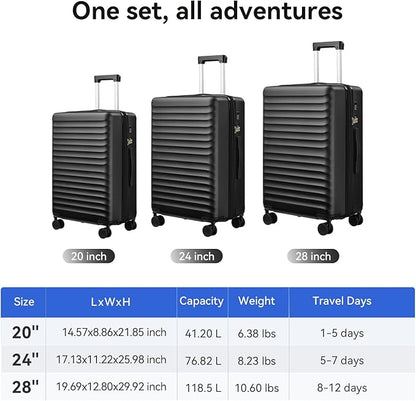 Travel Suitcase Sets 3 Piece, Expandable Hardshell Luggage Sets 3pcs with TSA Lock Spinner Wheels, Black (20''/24''/28")