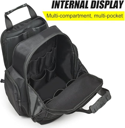 FASITE Tool Bag Backpack - Heavy Duty Professional Storage & Organizer for Contractor, Electrician, Plumber, HVAC, Large Front Flap Fit 13" -17" Laptops Notebook, Black