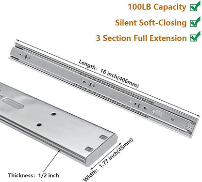 LONTAN 6 Pairs 16 Inch Soft Close Drawer Slides Side Mount Heavy Duty Cabinet Drawer Glides Ball Bearing Full Extension Kitchen Cabinet Rails 100 LB Capacity
