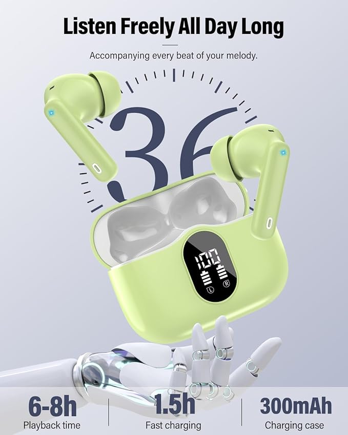 Wireless Earbuds, Bluetooth 5.4 Headphones Bass Stereo, Ear Buds with Noise Cancelling Mic, LED Display in Ear Earphones Clear Calls, IP7 Waterproof Bluetooth Earbuds for Laptop/Phones, Grass Green