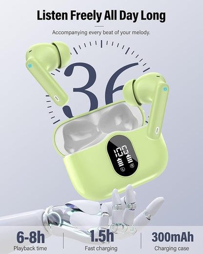 Wireless Earbuds, Bluetooth 5.4 Headphones Bass Stereo, Ear Buds with Noise Cancelling Mic, LED Display in Ear Earphones Clear Calls, IP7 Waterproof Bluetooth Earbuds for Laptop/Phones, Grass Green