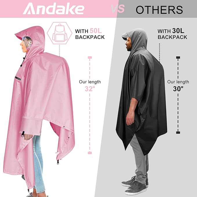 Andake Waterproof Rain Poncho for Adults Unisex,230T Ripstop Polyester,Raincoat Gear with Transparent Viewing Window Outdoors