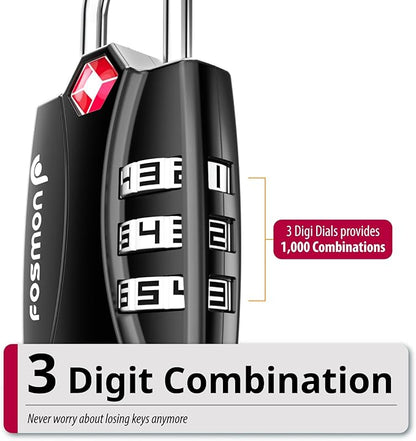 Fosmon Luggage Locks TSA Approved 6 Pack, Suitcase Locks with Open Alert Indicator, 3 Digit Combination Padlock with Alloy Body for Travel, Backpack Zipper Anti Theft, Locker, Gym, Gun Case- Black