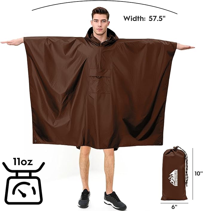 Bruvoalon 3-in-1 Rain Poncho with 1/4 Zip & Chest Pocket, Waterproof, Sunshade, Ground Mat for Adults & Youth Emergency