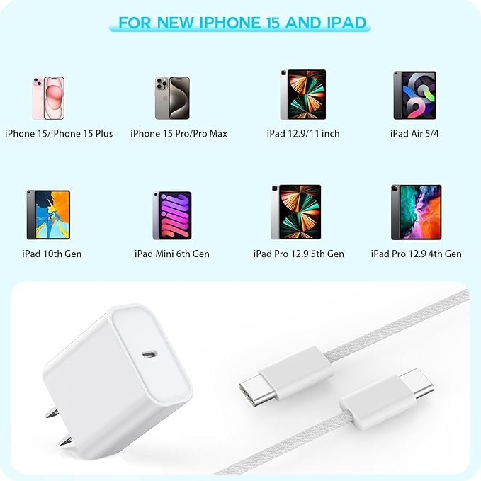 10FT Apple iPhone 17 16 15 Charger, 2-Pack Extra Long 10Foot USB C to Type C Charging Woven Cable Cord 20W USB C Charger Block Cube Super Quick Charging for iPhone 17 16 15 Pro/Plus/ProMax,iPadPro/Air
