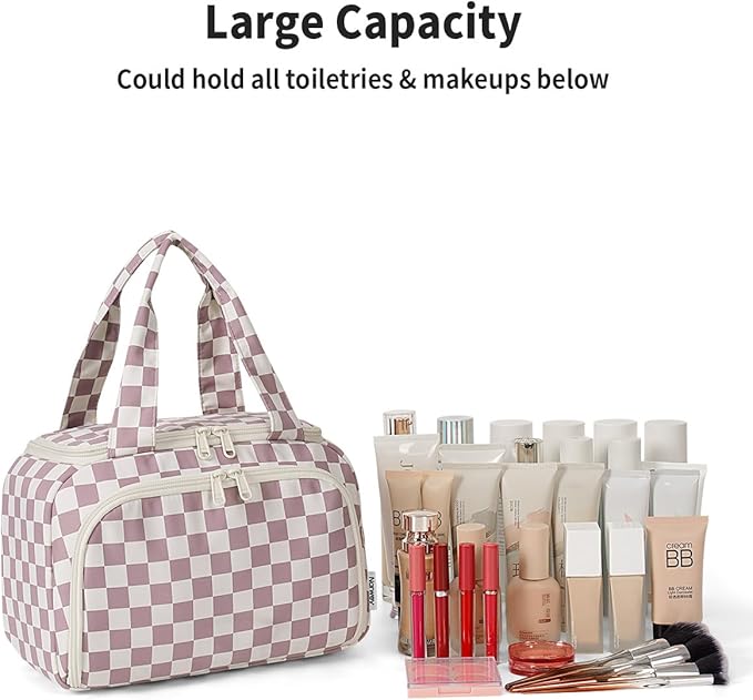 Narwey Large Travel Toiletry Bag, Wide-open Travel Bag for Toiletries, Toiletry Bags for Traveling Women, Cosmetic Make Up Makeup Bag Organizer with Wet Pocket, Skincare Bag (Dusty Pink Checkerboard)