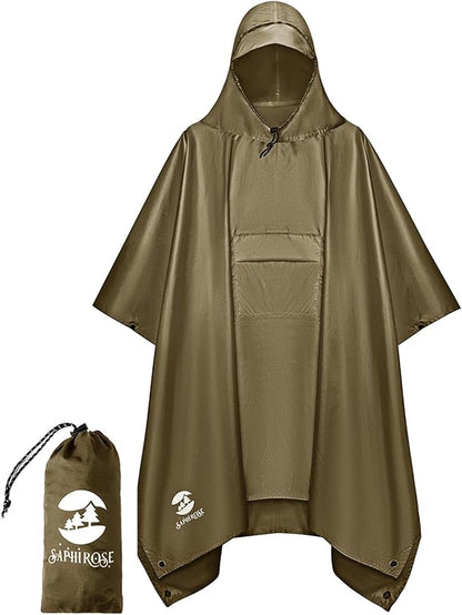 SaphiRose Extra Thick Hooded Rain Poncho Double Layer Waterproof Raincoat Jacket for Men Women Adults