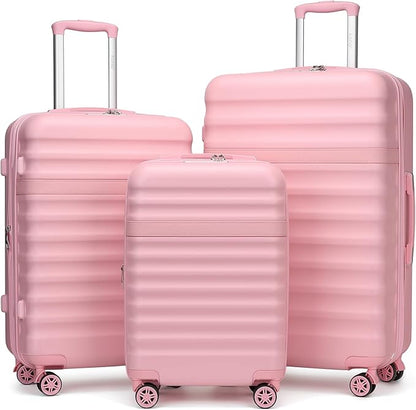 Kono Luggage Set 3 Pieces Expandable PC ABS Durable Suitcase Hardside with Double Spinner Wheels Tsa Lock Pink(20in/24in/28in)
