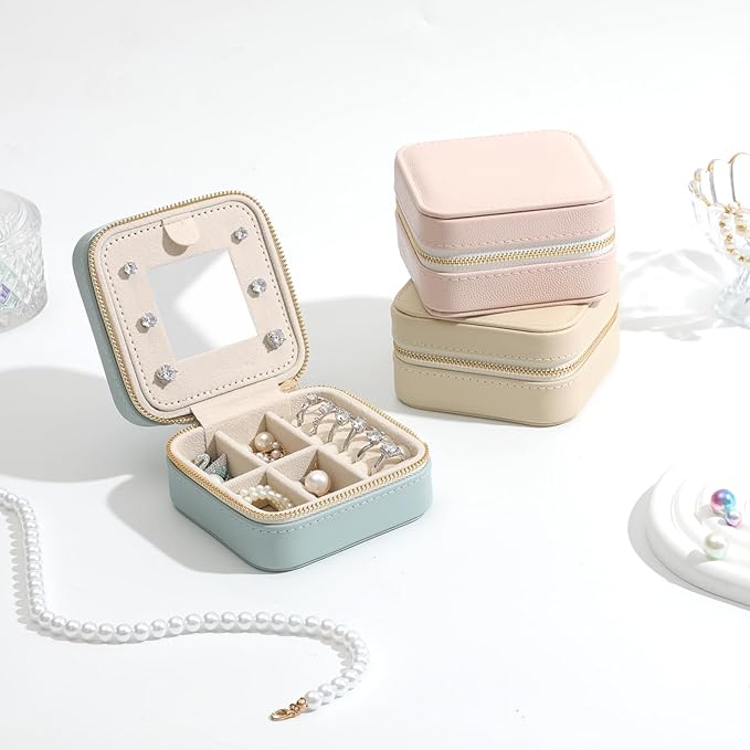 Genuine Leather Travel Jewelry Organizer Case with Mirror for Women, Small Mini Portable Jewelry Box for Earring, Ring, Necklace, Bracelet（Baby Blue）