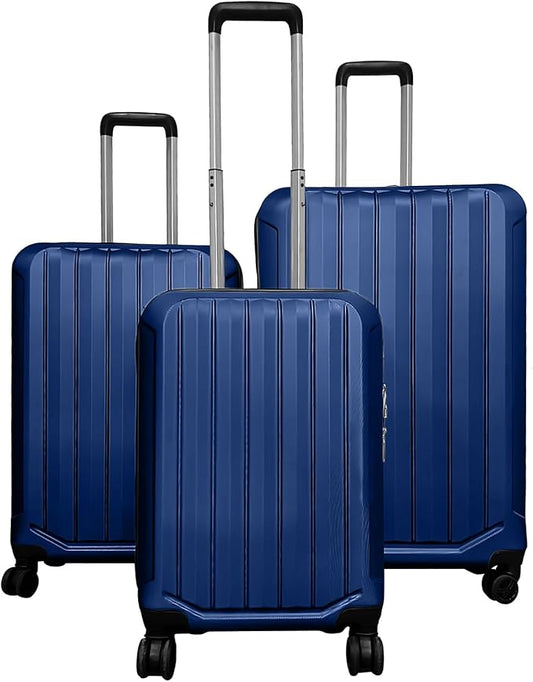 GYMAX Luggage Sets 3 Pieces Hardside Suitcase with Spinner Wheels & Lock, 20” Carry On, 24” & 28” Checked Luggage Set, Lightweight Portable for Travel, Business (Navy,Vertical Stripe)