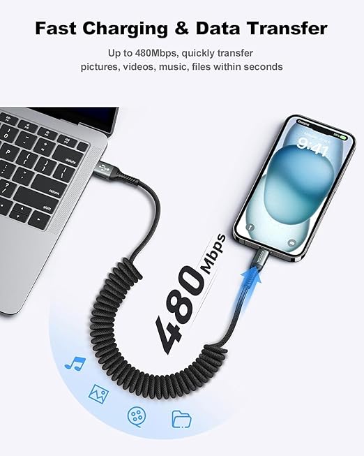 KIYODA USB A to USB C Cable 3FT/6FT, Coiled USB C Cable for Car, 66W USBC Cable Fast Charging 3A USB C iPhone Cable Compatible with iPhone 17/16/15/Samsung Galaxy S20 S10 Plus and More USB C Devices