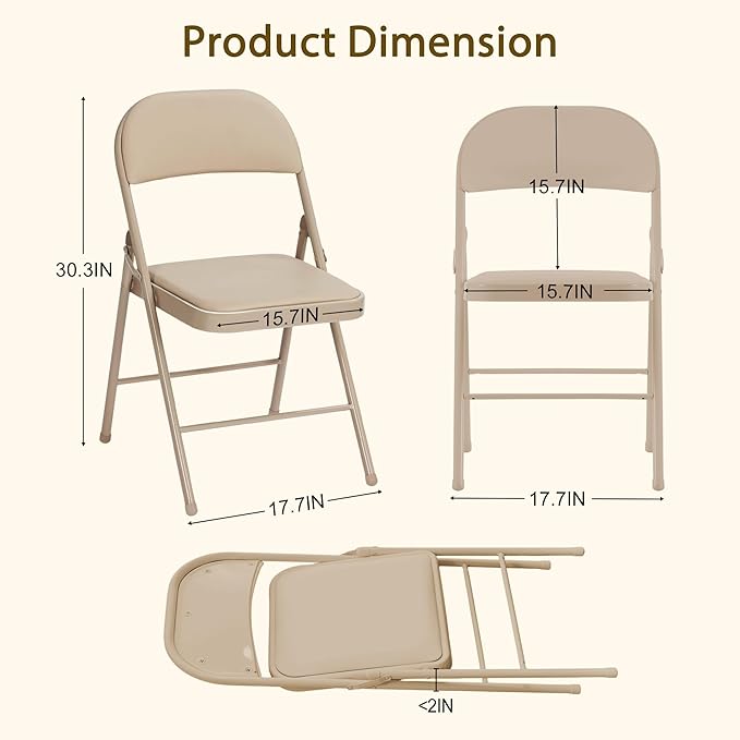 4 Pack Khaki Folding Chairs with Padded Cushion and Back, Portable Duty Metal Frame Commercial Seat, Foldable Indoor Outdoor Chairs for Office Party Events Kitchen Dinning Wedding, 330-LBS Capacity