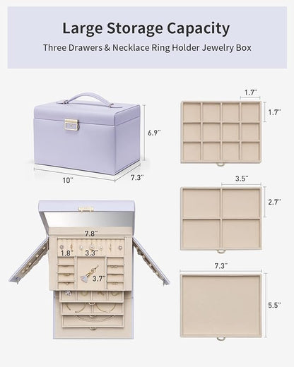 Vlando Jewelry Box for Girls, 4-Tier Jewelry Organizer with Lock, Mirror Jewelry Box for Earring, Ring, Necklace and Bracelets - Purple