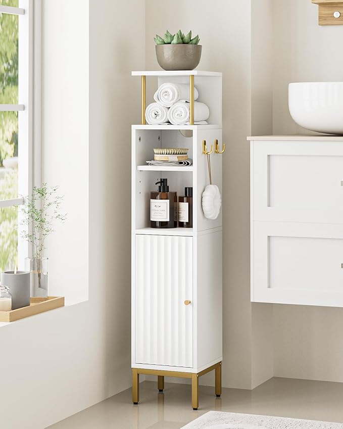 Bathroom Storage Cabinet,Small Corner Floor Cabinet with 2 Hook,Narrow Tall Toilet Paper Cabinet with Adjustable Shelves,Bathroom Organizer for Living Room,Small Spaces (Wave, White-37''H)