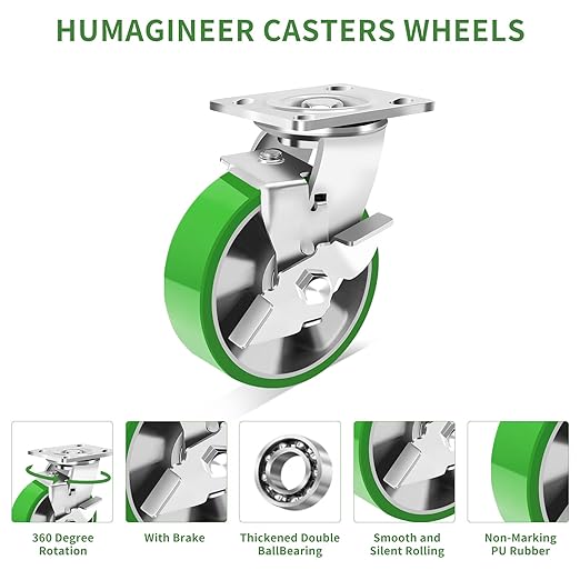6 Inch Industrial Swivel Casters with Brake, Heavy Duty Industrial Grade Caster Set of 4, Maintenance-Free Aluminum Core PU Wheels 5000 LBS, Durable Casters Wheels for Industrial, Equipment