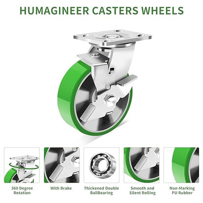 6 Inch Industrial Swivel Casters with Brake, Heavy Duty Industrial Grade Caster Set of 4, Maintenance-Free Aluminum Core PU Wheels 5000 LBS, Durable Casters Wheels for Industrial, Equipment