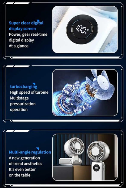 Portable Handheld Fan, 3 IN 1 Rechargeable Personal Fan with 5 Speed Wind, 4000mAh Battery, Digital Display, 90° Foldable Rapid Cooling Small Fan Desk Fan for Travel, Camping, Outdoor Sports