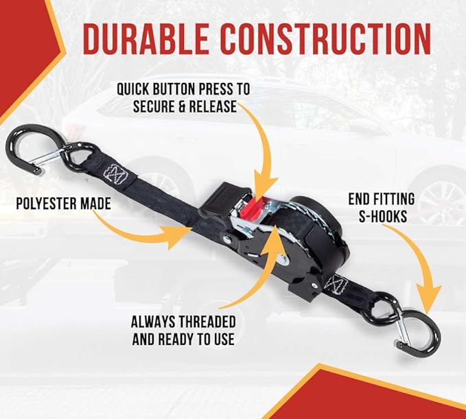 Mytee Products Auto Retract NO-RATCHETING Ratchet Straps | 1" x 12' Retractable Ratchet Straps with Coated S Hook Tiedowns for Motorcycles, ATVs, Bikes: Tight & Secure Pickup Trailer Tie-Down - 8 Pack