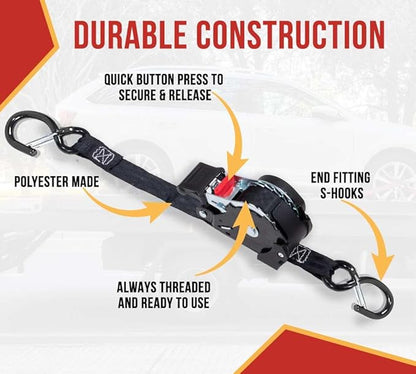 Mytee Products 4 Auto Retract NO-RATCHETING Ratchet Straps | 1" x 12' Retractable Ratchet Straps with Coated S Hook Tiedowns for Motorcycles, ATVs, Bikes: Tight & Secure Pickup Trailer Tie-Down