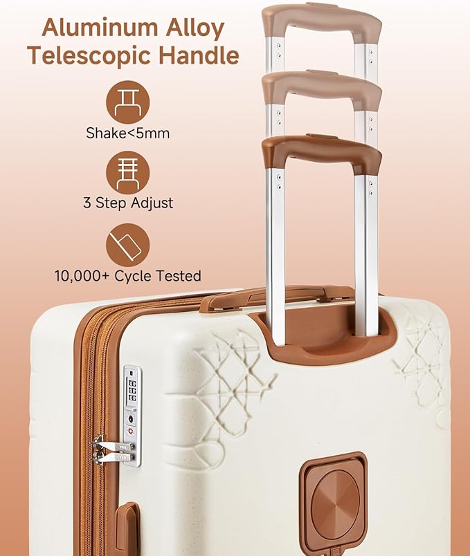 Somago 3 Piece Luggage Set with Cup Holder, Expandable 25% Capacity Suitcase with Shock-Absorbing Braking Spinner Wheels Moon Star Design Hardside Suitcase with TSA Lock (Beige White,Expandable Sets)