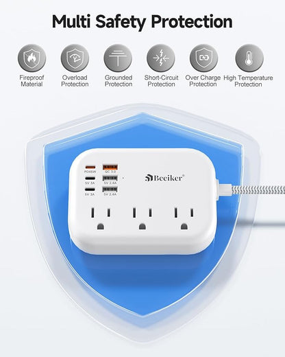 PD45W USB C Travel Power Strip, Cruise Power Strip with 6 USB(3 USB C) Ports and 3 Outlets, 5Ft Flat Plug Braided Extension Cord, 45W Fast Charging Station for MacBook Laptops iPad Pro iPhone Samsung