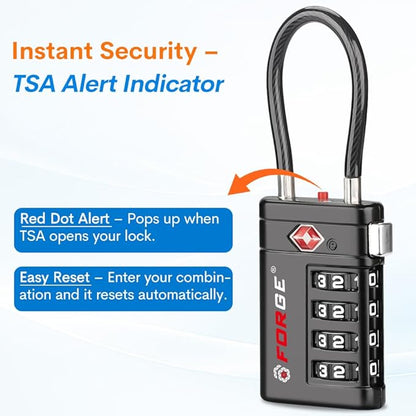 Forge TSA Approved Luggage Locks 4 Digit Combination TSA Travel Locks with TSA008, Open Alert Indicator, Zinc Alloy Body for Luggage, Suitcase, Backpack, and More. Black 4 Locks.
