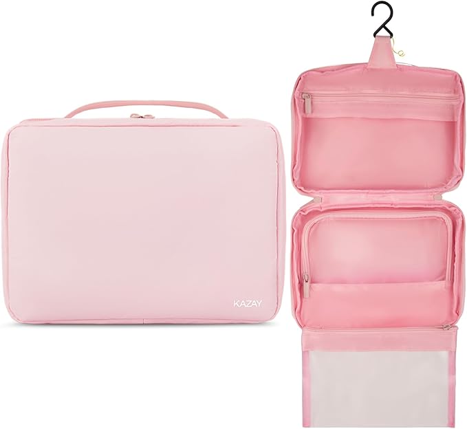 KAZAY Hanging Toiletry Bag with TSA Approved Detachable Pouch, Travel Toiletry Bag, Water Resistant, Premium Nylon, Travel Size Toiletries, Cosmetic Bag, Makeup Bag (Pink)