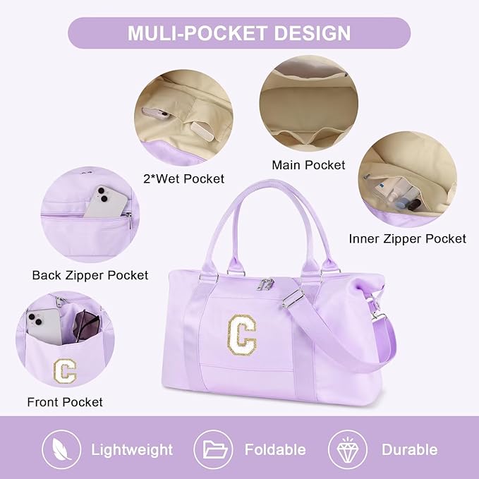 Dance Gym Duffel Bag for Teen Girls, Personalized Initial Travel Weekender Bag,Cute Overnight Carry On Duffle for Women,Sports Travel Cheer Bag,Monogram Christmas Gifts for Tween Preppy(purple-C)