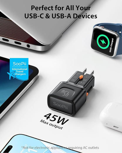 SooPii Gan USB C Charger 45W, 2 Port PD PPS Universal Travel Adapter, All-in-One Travel Charger with US UK EU AU Plug for for Galaxy S25/S24/Note 20, iPhone 16/15/14, iPad, MacBook, Pixel