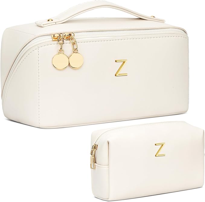 Birthday Gifts for Women Teen Girl, Personalized Initial Makeup Organizer Bag Set, Open Flat Travel Cosmetic Bag With Clear Divider and Handle(Beige,Z)